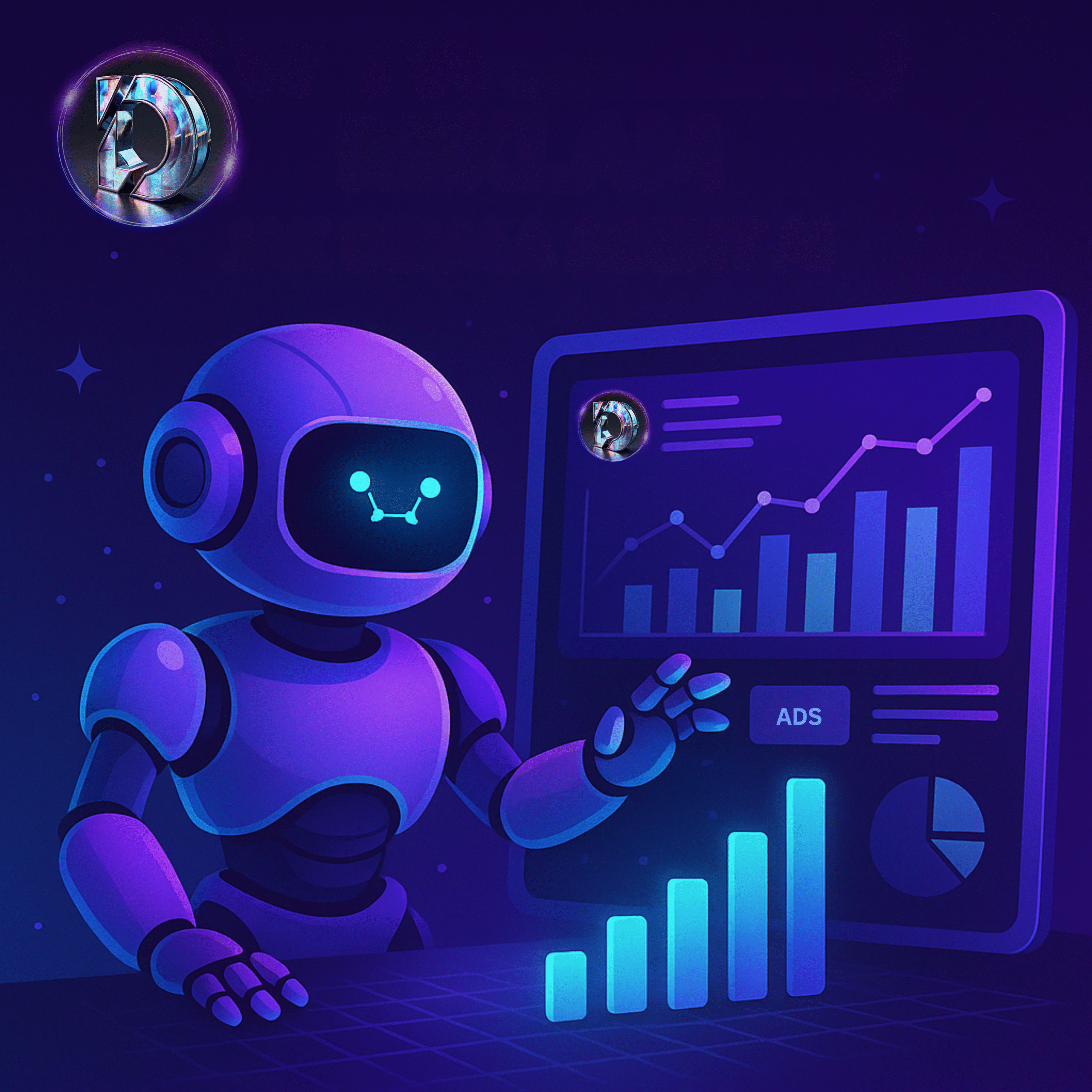 AI w tworzeniu reklam — wizualizacja agenta AI analizującego wskaźniki kampanii