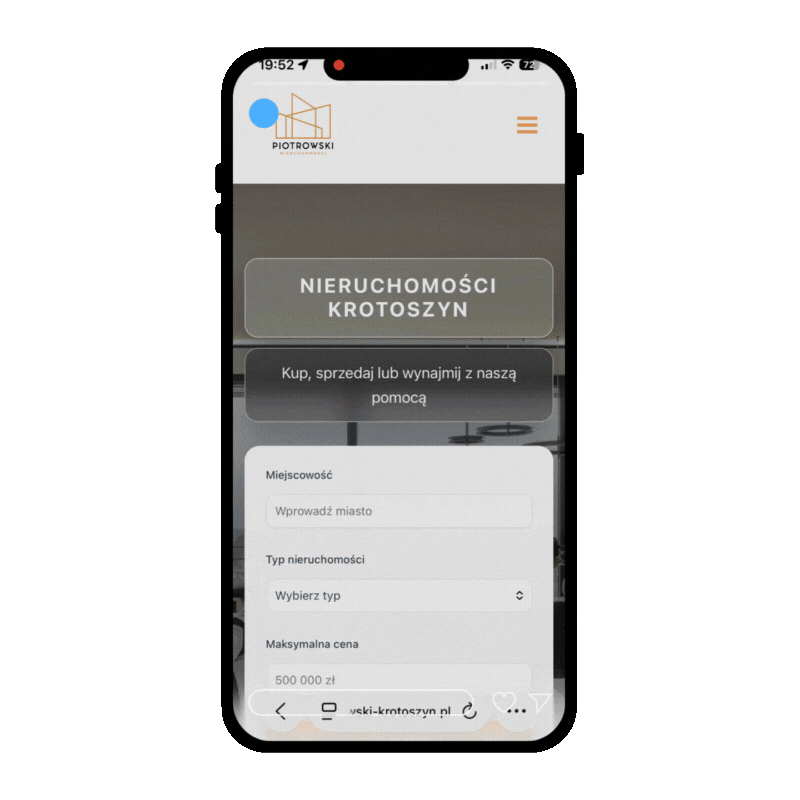 Strona internetowa WordPress dla nieruchomości — podgląd na telefonie (piotrowski-krotoszyn.pl)